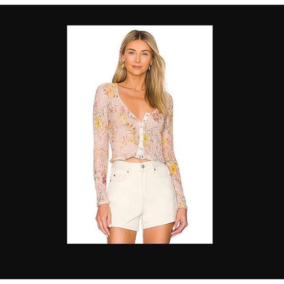 Free People Size Medium M Pink Angelina Lace Mesh Floral Print Long Sleeve Top - Picture 2 of 7